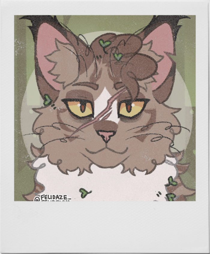 Polaroid art of a brown cat with leaves in her fur.